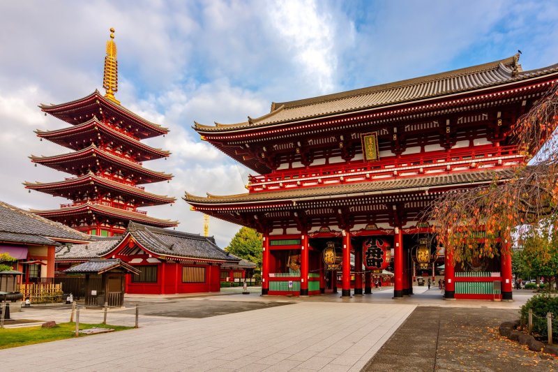 Hozomon Gate And Pagoda Of Senso-ji Temple In Asakusa, Tokyo, Japan (translation On Lantern "kobune Town" And On Picture "asakusa Temple")
