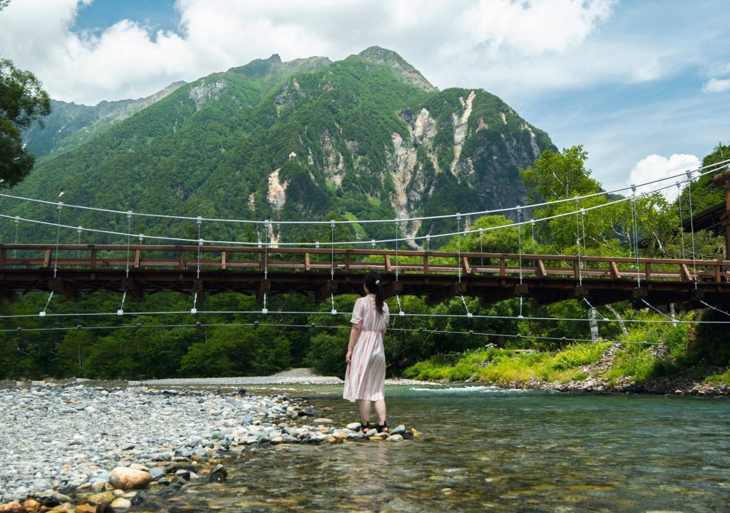 Kamikochi Girl Standing By River Chubu Region Mountains