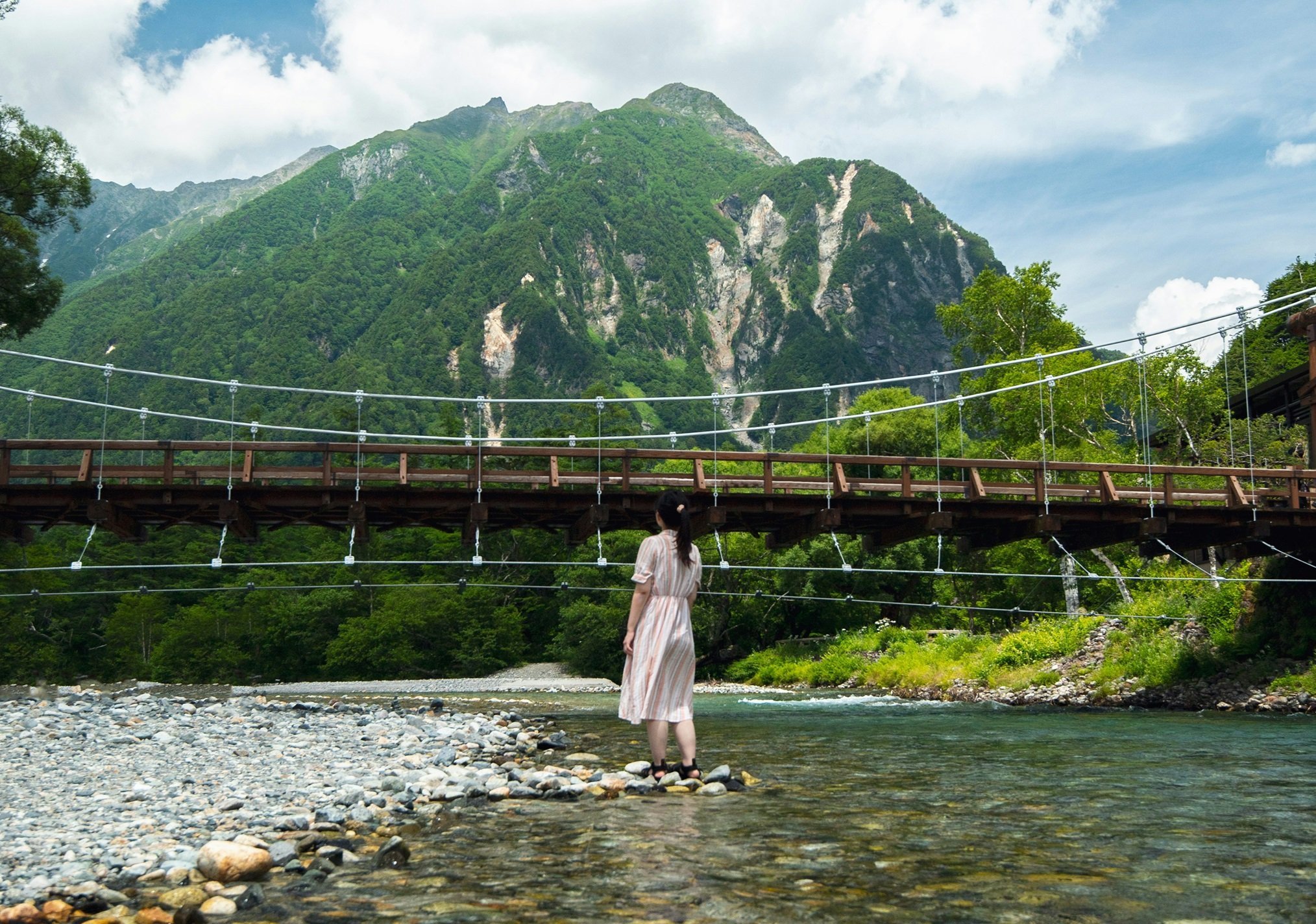 Kamikochi Girl Standing By River Chubu Region Mountains