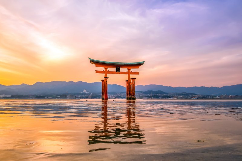 Famous Floating Torii Gate In Japan At Sunset