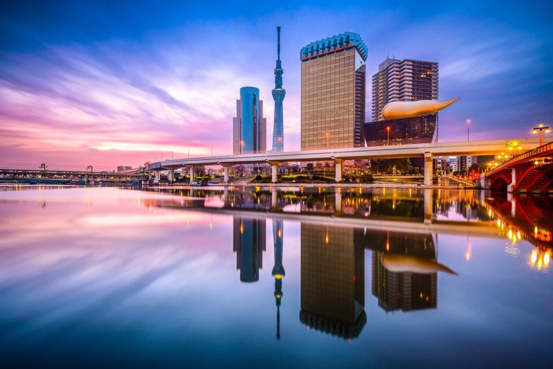 3 Buildings From The Iconic Tokyo Tower Skyline Reflected On The Water At Sunset